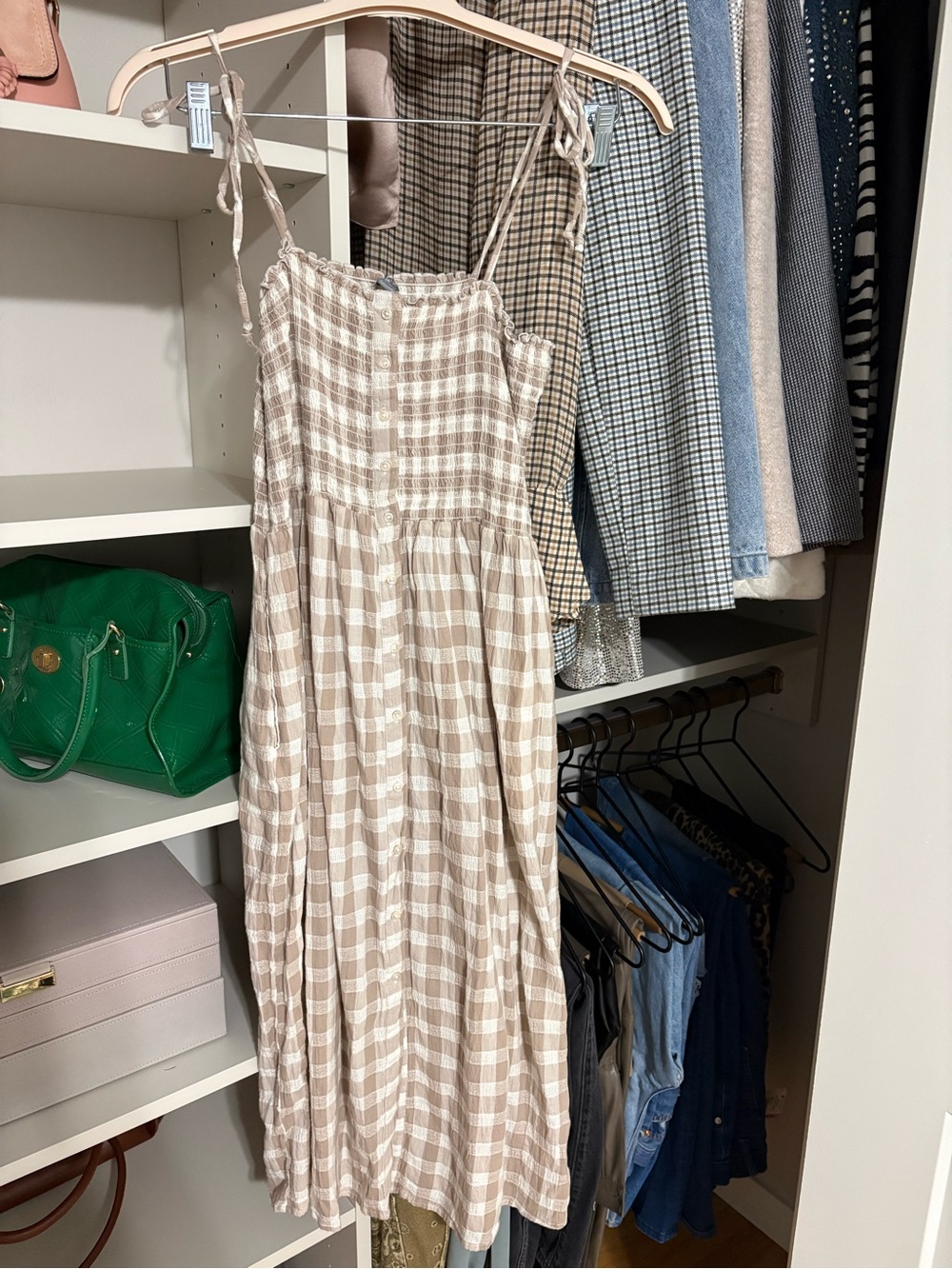 aerie Beige Plaid Button-Front Midi Sundress